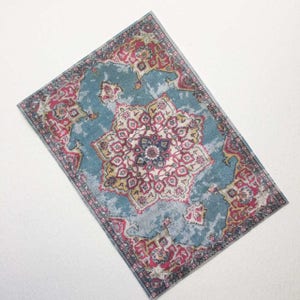 Miniature  Turquoise Red and Gold Oriental Rug in Several Sizes in Shabby Worn Threadbare Look