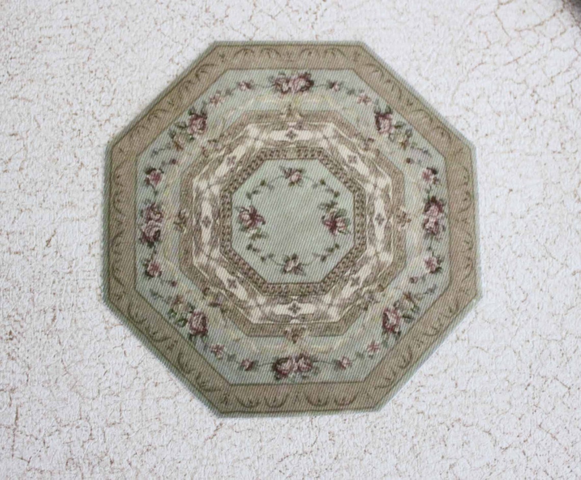 Miniature Rug Octagon Aubusson Sage Green With Roses in Sizes Etsy