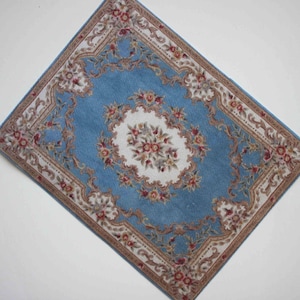 Dollhouse Miniature Rug Bright Sky Blue With Roses French Aubusson in Several Sizes