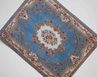 Dollhouse Miniature Rug Bright Sky Blue With Roses French Aubusson in Several Sizes
