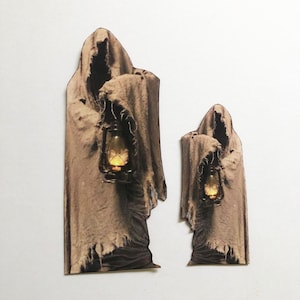 Brown Draped Figure With Lantern PAPER Miniature Spooky 1/24 or 1/12 Prop for Haunted House Halloween Diorama or Dollhouse