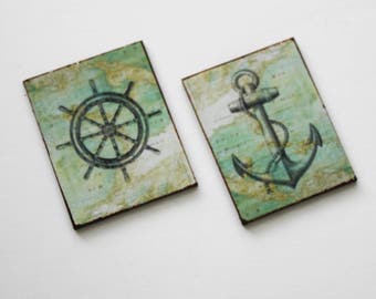 Pair of Miniature Plaques Nautical Theme With Anchor and Ships Wheel 1/24, 1/12 or 1/6 Scale Dollhouse Wall Decor