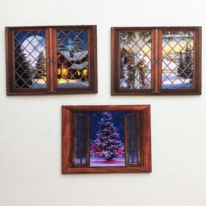Miniature Paper Faux  Windows  with Winter and Christmas Views Choice of 1/24 or 1/12 Scale