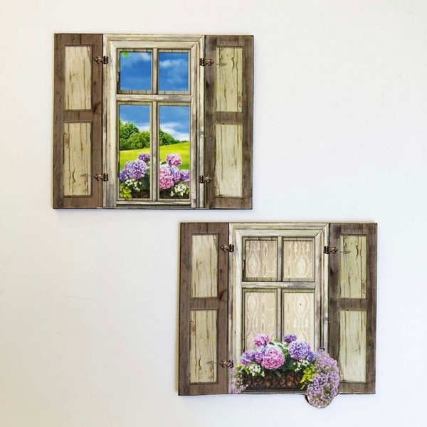 Miniature Country  French Cottage PAPER Window with Shutters and Flowers Interior or Exterior View