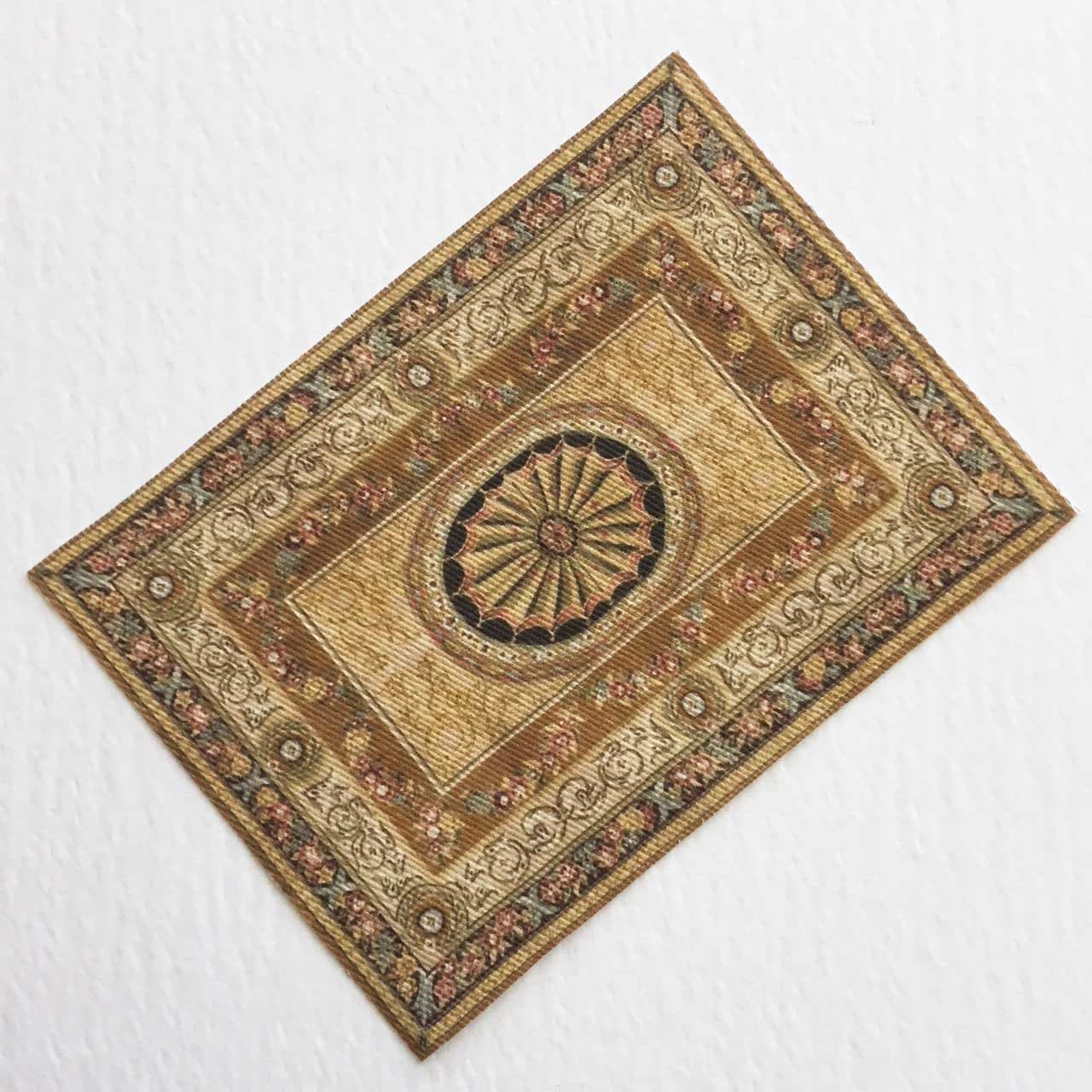 Micro Gold Button Rug Texture Miniature Rug Gold Background With Black and Peach Medallion and Floral ...