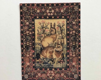 Miniature Reproduction of an Antique Tapestry or Rug With Rabbits