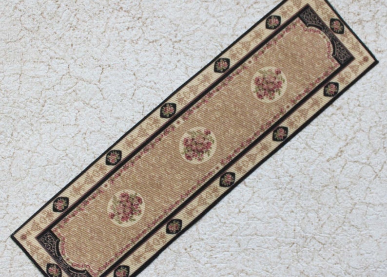 Miniature Dollhouse Carpet Runner Camel Black Rust with Floral in 1/24 and 1/12 Scale Sizes image 1