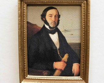 Miniature Resin Gold Framed Canvas Print of Vintage Sea Captain With Telescope