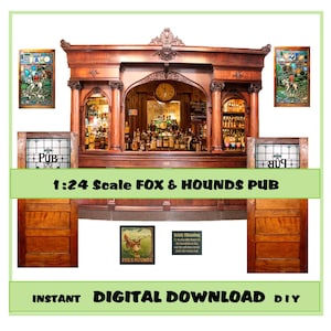 May include: A 1:24 scale model of a pub called "The Fox & Hounds" with a wooden bar, stained glass windows, and a sign that reads "Irish Blessing".