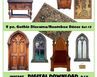 Puede incluir: Un conjunto de nueve imágenes digitales imprimibles para un diorama gótico o una casa de muñecas. El conjunto incluye una puerta, dos ventanas, un trono, un cofre, una alfombra, un tapiz y una pequeña caja. Las imágenes están en formato de descarga digital y están listas para imprimirse y utilizarse para manualidades.