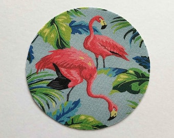 Miniature Round Rug With Retro Pink Flamingos and Green Tropical Foliage on Blue Background in Several Sizes for 1/24 1/12 or 1/6 Scale