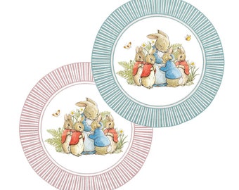 Peter Rabbit Miniature Rug, Pink or Aqua Stripe Border, Dollhouse Nursery