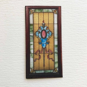 Miniature PAPER Faux Victorian Window Stained Glass in Dark Oak Frame Dollhouse 1/24 or 1/12 Scale