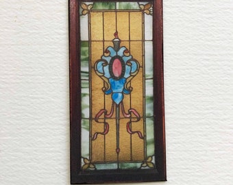 Miniature PAPER Faux Victorian Window Stained Glass in Dark Oak Frame Dollhouse 1/24 or 1/12 Scale