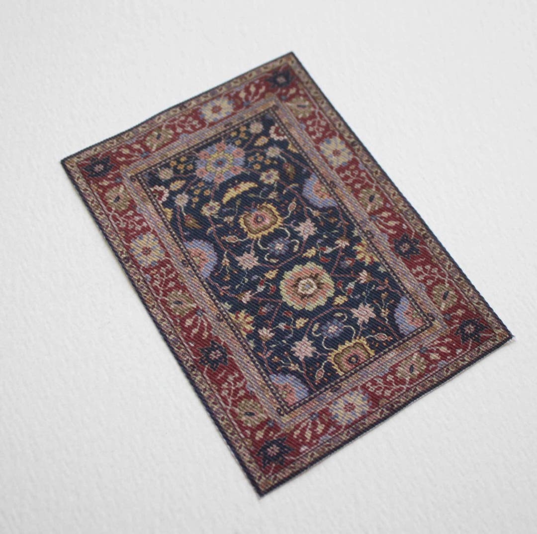 Dollhouse Miniature Oriental Rug Navy Brick Red and Tan 112 or Half