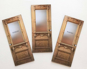 Miniature Faux Paper Prop Door With Look Of Rustic Oak and Frosted Glass With Custom Personalized Wording in 1/24 or 1/12 Scale