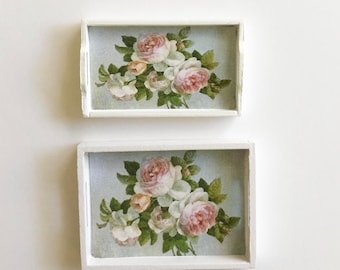 Miniature 1:12 Scale White Shabby Cottage Roses Decorative Serving Tray