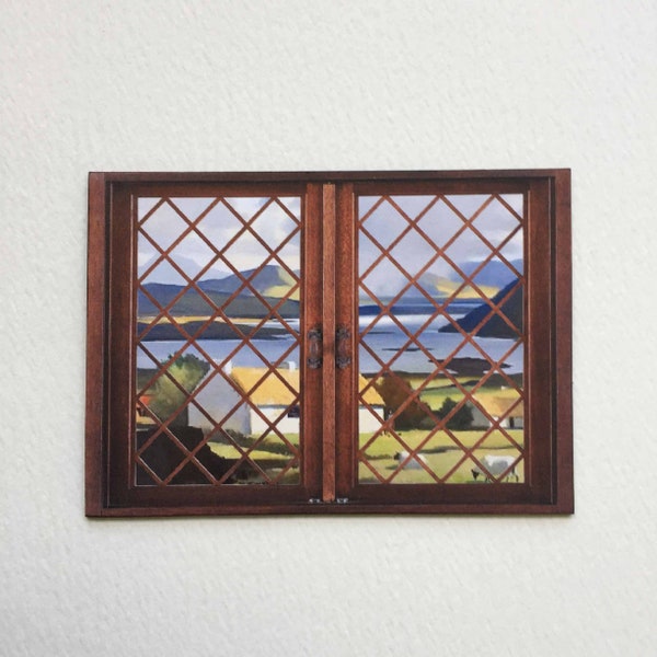 Faux Miniature Paper Prop Window With View of Irish Cottage and Countryside