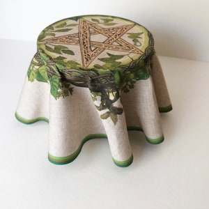 Round Miniature Skirted Table With Pentacle in a Wreath of Greenery for Green Witch Decor