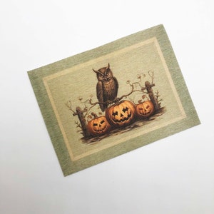 May include: A brown owl perched on a branch with three carved jack-o'-lantern pumpkins. The scene is set against a green and beige background.