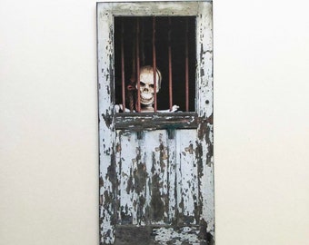 Miniature PAPER Reproduction Grungy Door with Skeleton Behind Barred Window