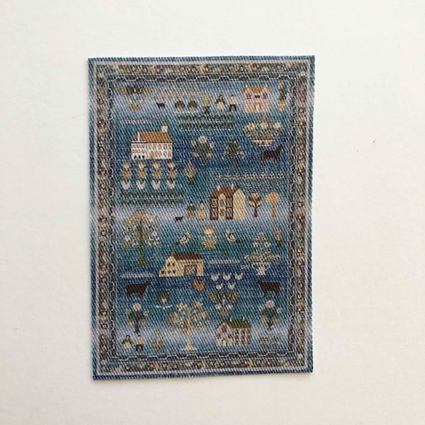 Folk Art Inspired Dollhouse Miniature Faded Denim Rectangular Rug in Blue and Beige in 1/24, 1/12 and 1/6 Sizes