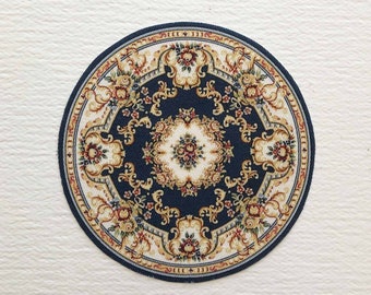 Miniature Round Aubusson Rug: Navy, Gold Floral Dollhouse Rug