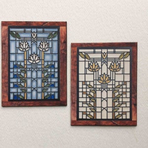 Faux Miniature Stained Glass in Mission Oak Frame Window Style #2