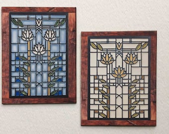 Faux Miniature Stained Glass in Mission Oak Frame Window Style #2
