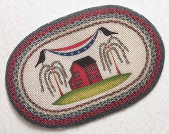 Patriotic Miniature Primative Oval Rug for Dollhouse  Braided Look With Saltbox House Bunting Crows Willows in Several Sizes