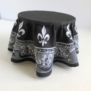 1/24 and 1/12 Scale Round Table with Cloth with Fleur de Lys Images in Black and White