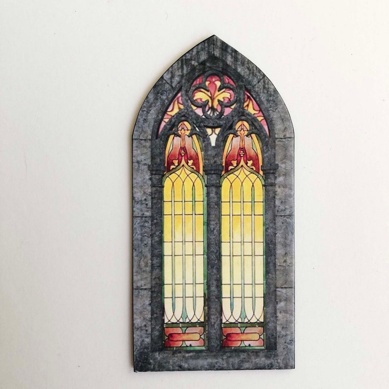 Gothic Cathedral or Castle PAPER Faux Windows With Stained Glass Image Miniatures in 1/48, 1/24, 1/12 and 1/6 Scale one on LEFT