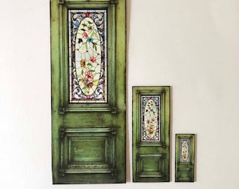 Miniature  Green Country French Door with 'Stained Glass" Look Window a PAPER Reproduction in 1/48, 1/24 and 1/12 Sizes