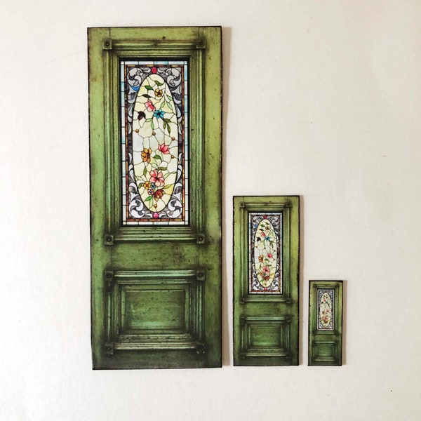 Miniature  Green Country French Door with 'Stained Glass" Look Window a PAPER Reproduction in 1/48, 1/24 and 1/12 Sizes