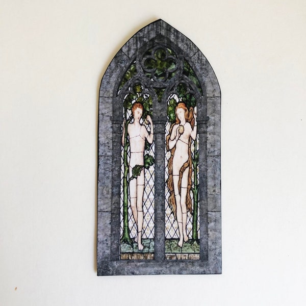 Adam and Eve Gothic Cathedral or Castle  PAPER Faux Windows  With Stained Glass Image  Miniature in  1/48, 1/24, 1/12 and  1/6 Scale