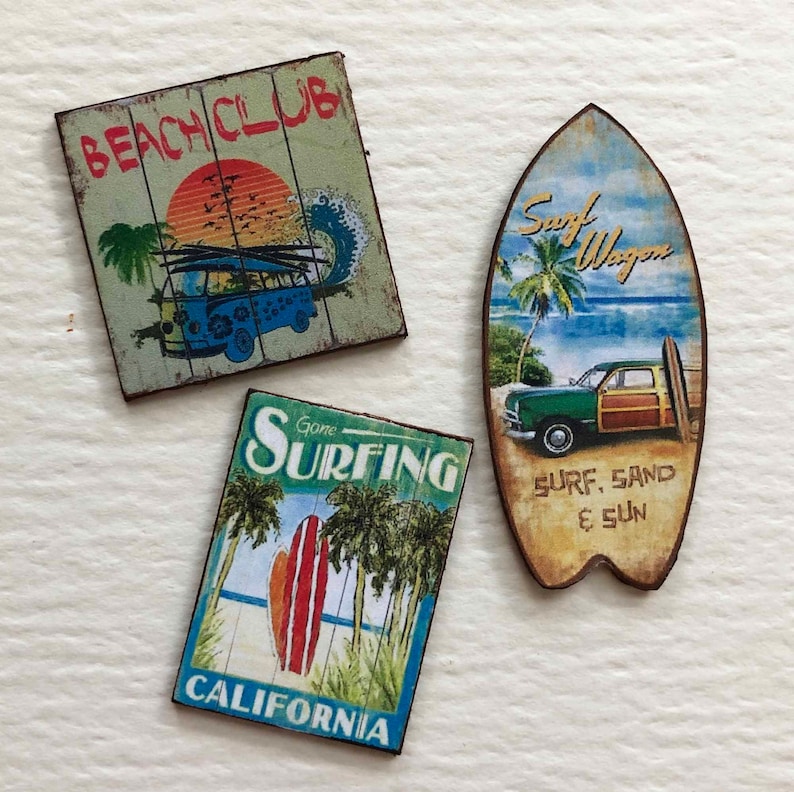 Surfing Miniature Scale Signs for Dollhouse Beach House Surfer