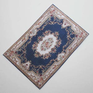 Miniature Navy and Off White with Roses French Aubusson Rug in Half Scale, 1:12 Scale or Playscale