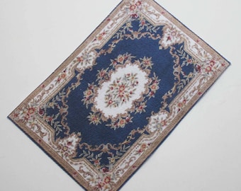 Miniature Navy and Off White with Roses French Aubusson Rug in Half Scale, 1:12 Scale or Playscale