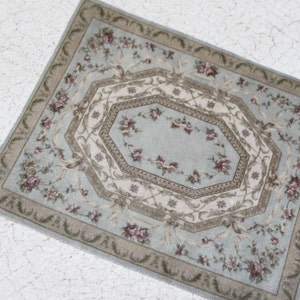Dollhouse Rug Rectangular Aubusson Sage Green With Roses in 1/24 1/12 and 1/6 Sizes