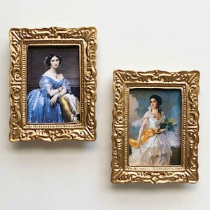 Miniature Portraits of Two Beautiful Ladies in Colorful Dress in Gold Colored Frames for Dollhouse