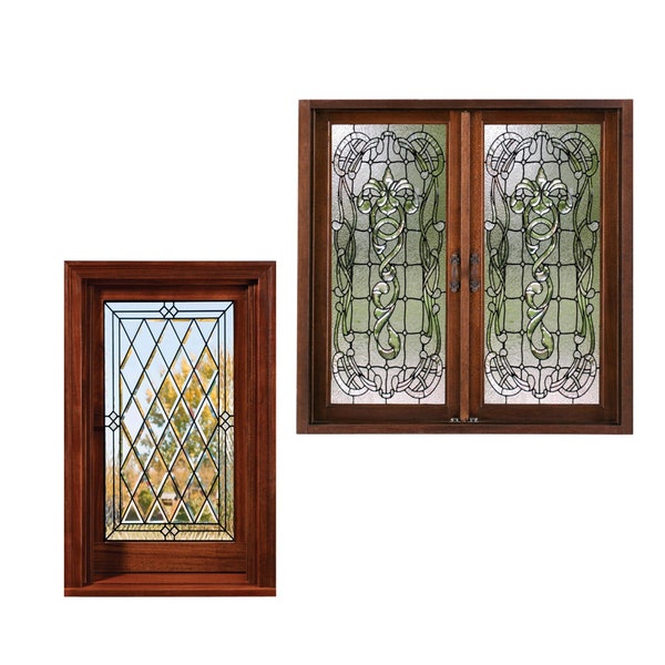 Dollhouse Miniature PAPER  Interior Windows with Leaded Glass in Dark Wood Frame Image Your Choice