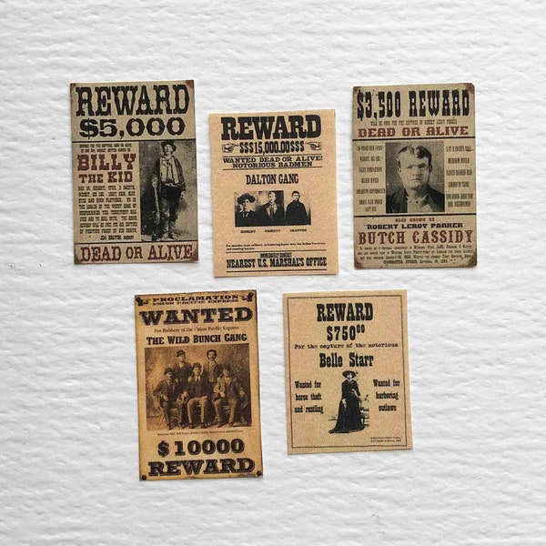 Miniature Set of 5 Old Wild West Wanted Posters Belle Starr Butch Cassidy Billy the Kid Dalton and Wild Bunch Gangs