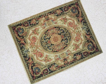 Dollhouse Miniature French Aubusson Rug  In Black Rust Gold and Sage