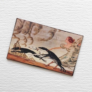 Miniature Reproduction of 1930s Art Deco Painting of Woman With Greyhounds