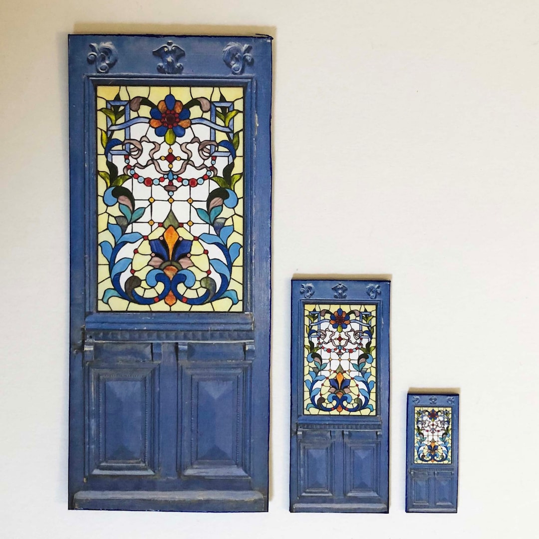 Miniature French Door Shabby Blue With 'stained Glass Look Window a