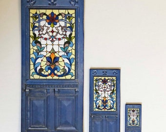 Miniature Shabby Blue French Door with Stained Glass  Paper  prop (1/24 & 1/12 Scale)