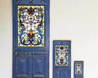 Miniature  French Door Shabby Blue  with 'Stained Glass" Look Window a PAPER Reproduction in 1/24 and 1/12 Sizes