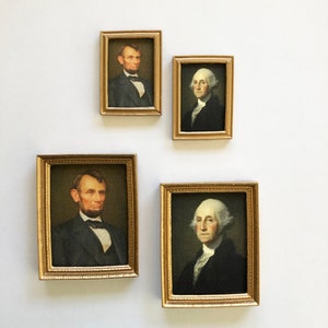 Miniature Presidential Portraits of George Washington or Abe Lincoln in Two Sizes Gold Colored Frames