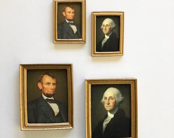 Miniature Presidential Portraits of George Washington or Abe Lincoln in Two Sizes Gold Colored Frames