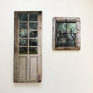 Rustic Door and Window With Gloomy View Of  a Spooky House  Miniature PAPER props 1/24 and 1/12 Scale